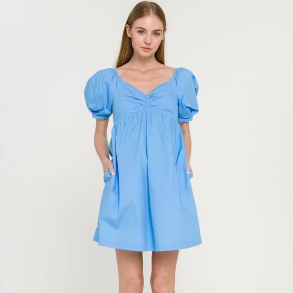 English Factory Blue Puff Sleeve Mini Dress